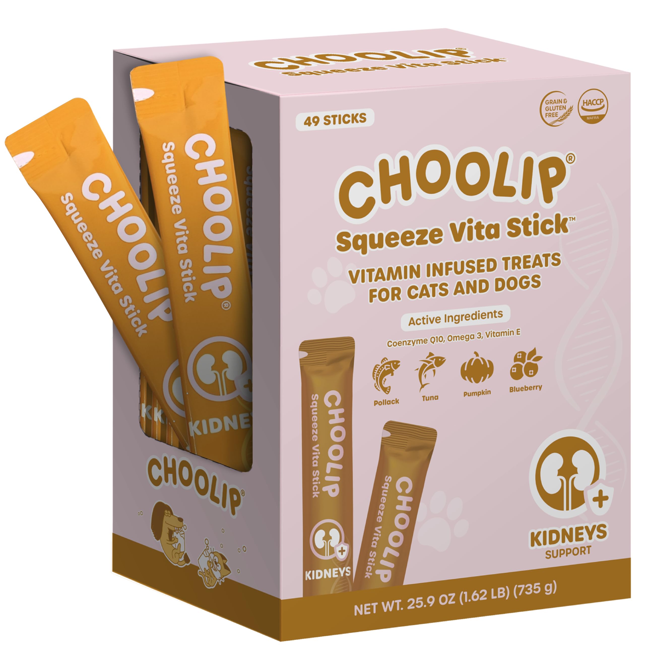 Choolip Squeeze Vita Stick con puré de atún y pollock, ideal como premio proteico.