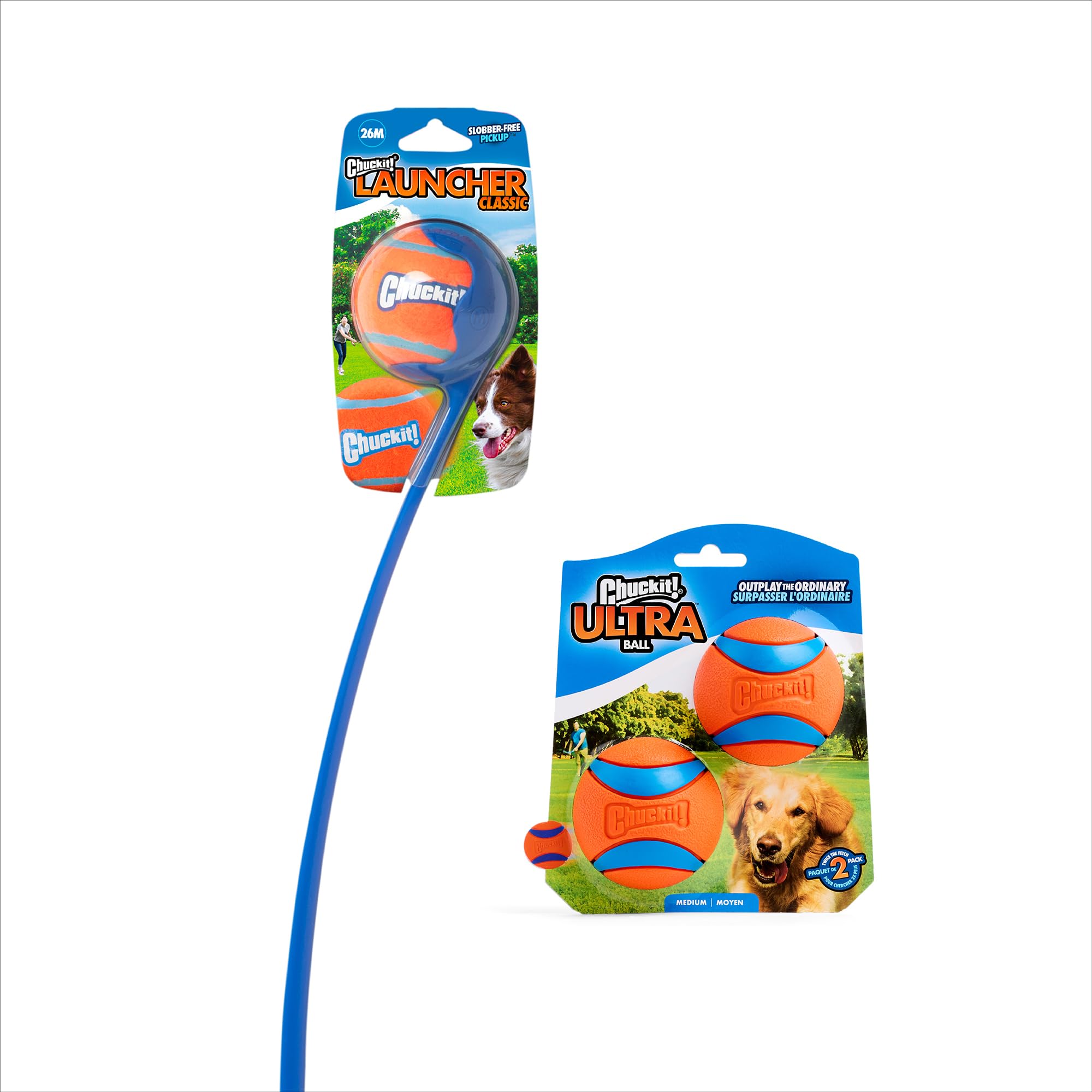 Bolas medianas Chuckit! en dos-pack para sesiones consistentes de juego.