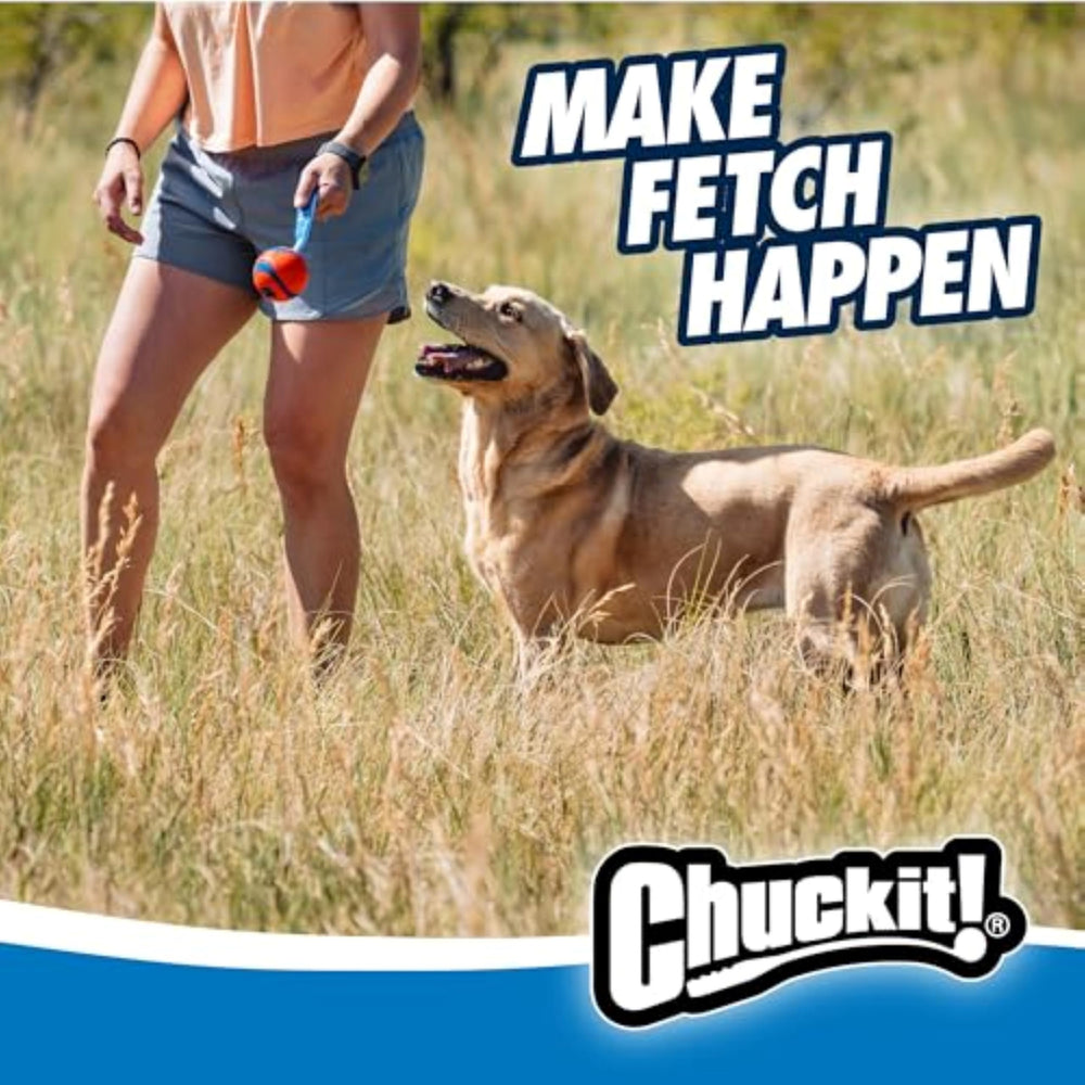 Chuckit Ultra Tug en azul y naranja brillantes para mejor visibilidad.