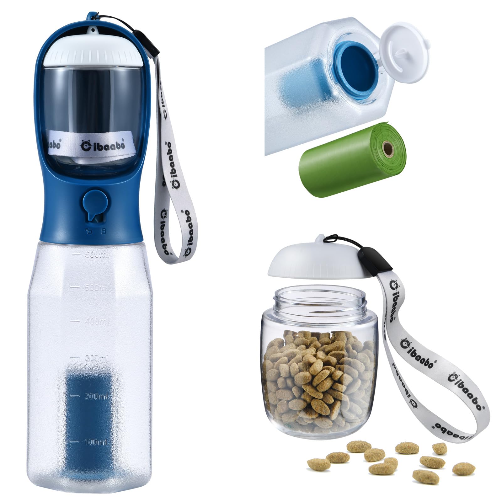 Cibaabo botella para perros con contenedor de comida, ideal para hidratación y snack.