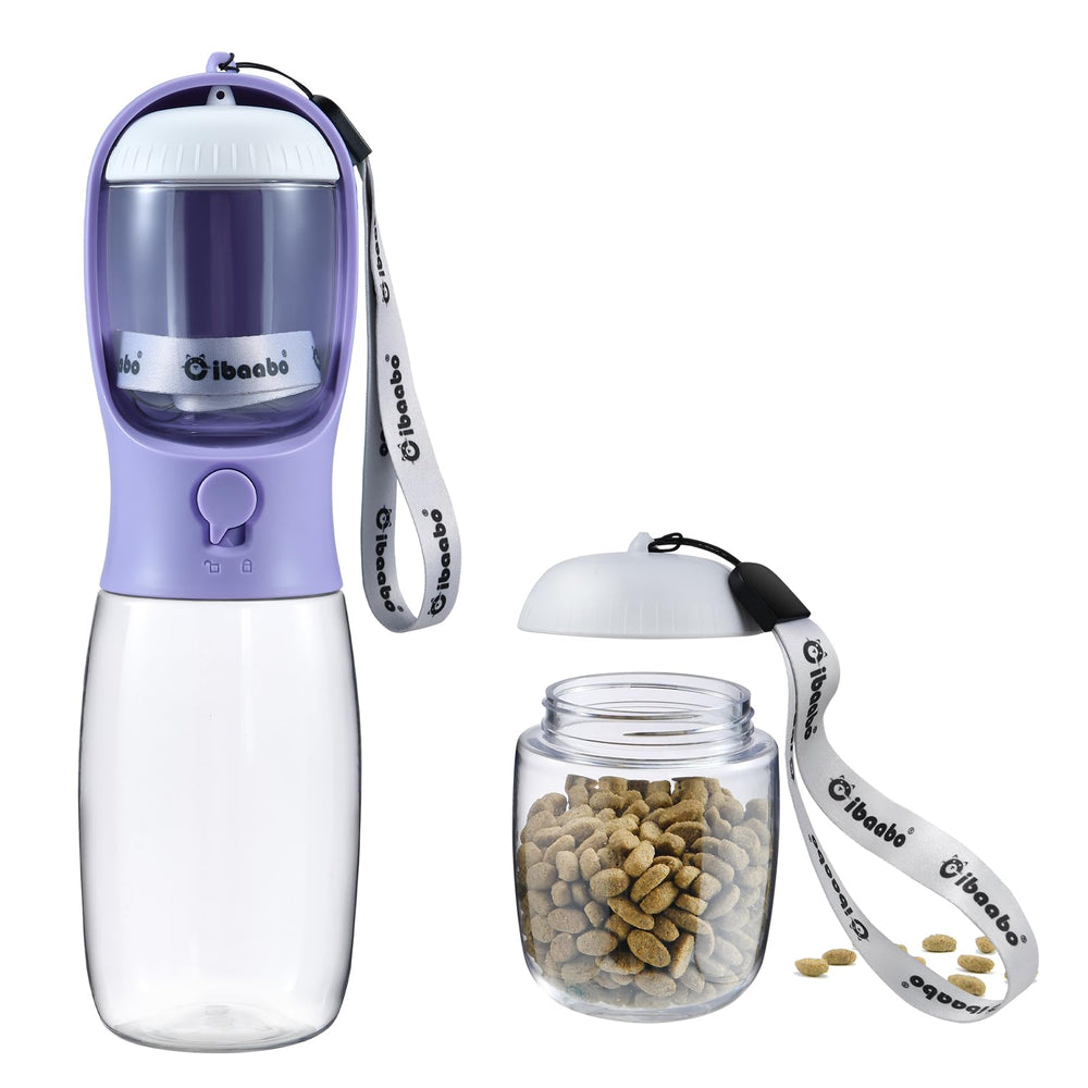 Botella Cibaabo para perros con contenedor de alimento, ideal para paseos.