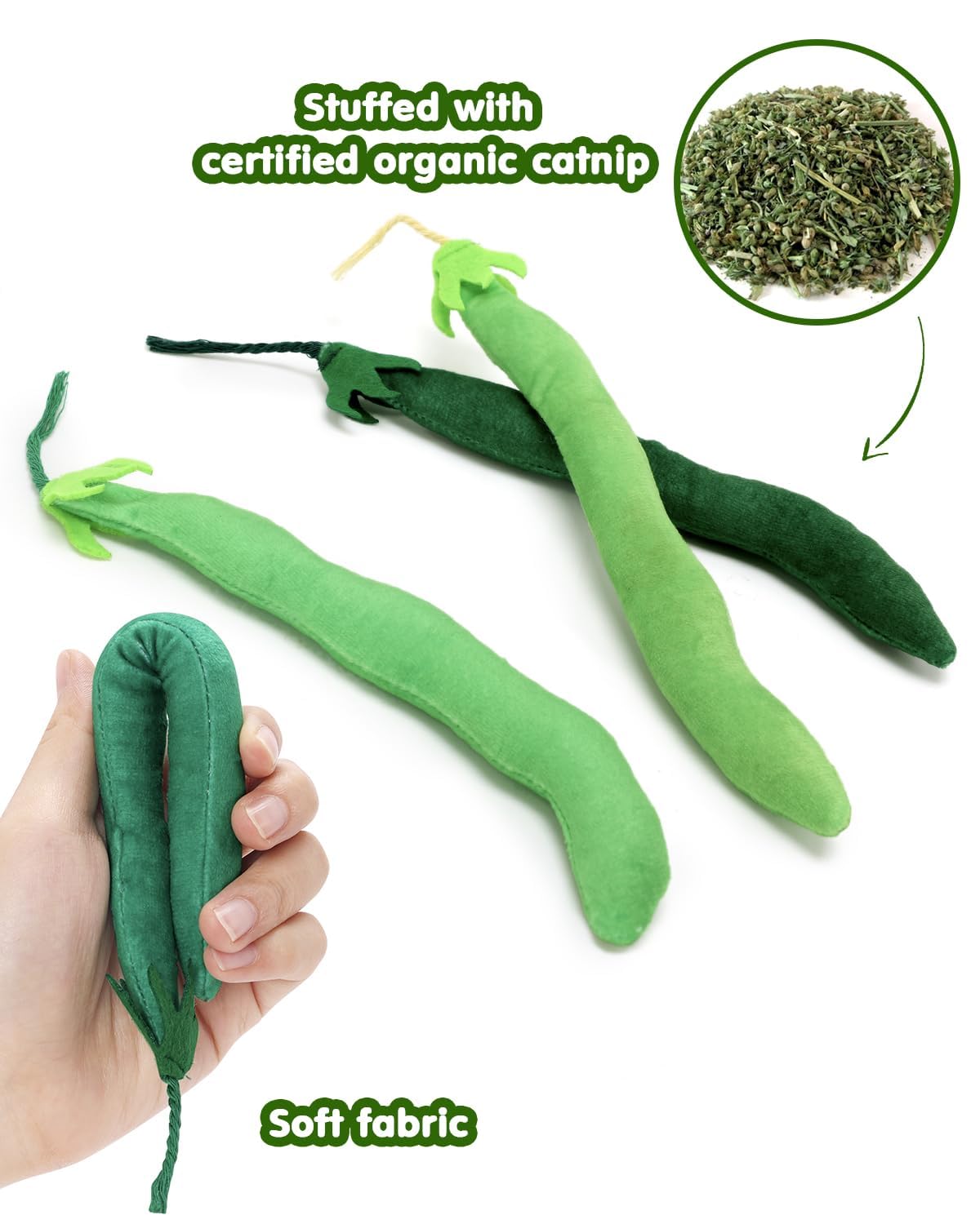 Juguete CiyvoLyeen frijol-verde con menta gata, estimula sentidos.