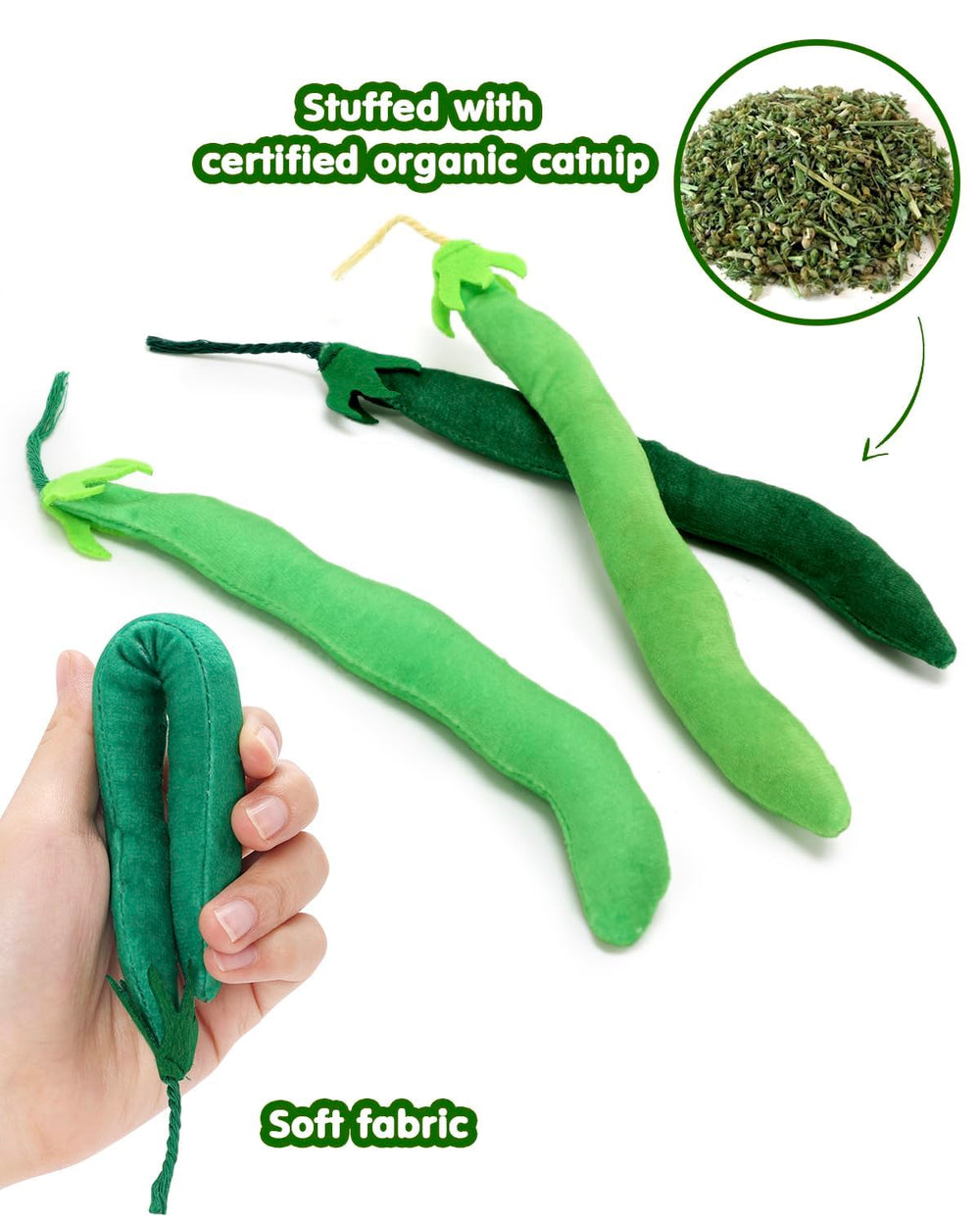 Juguete CiyvoLyeen frijol-verde con menta gata, estimula sentidos.