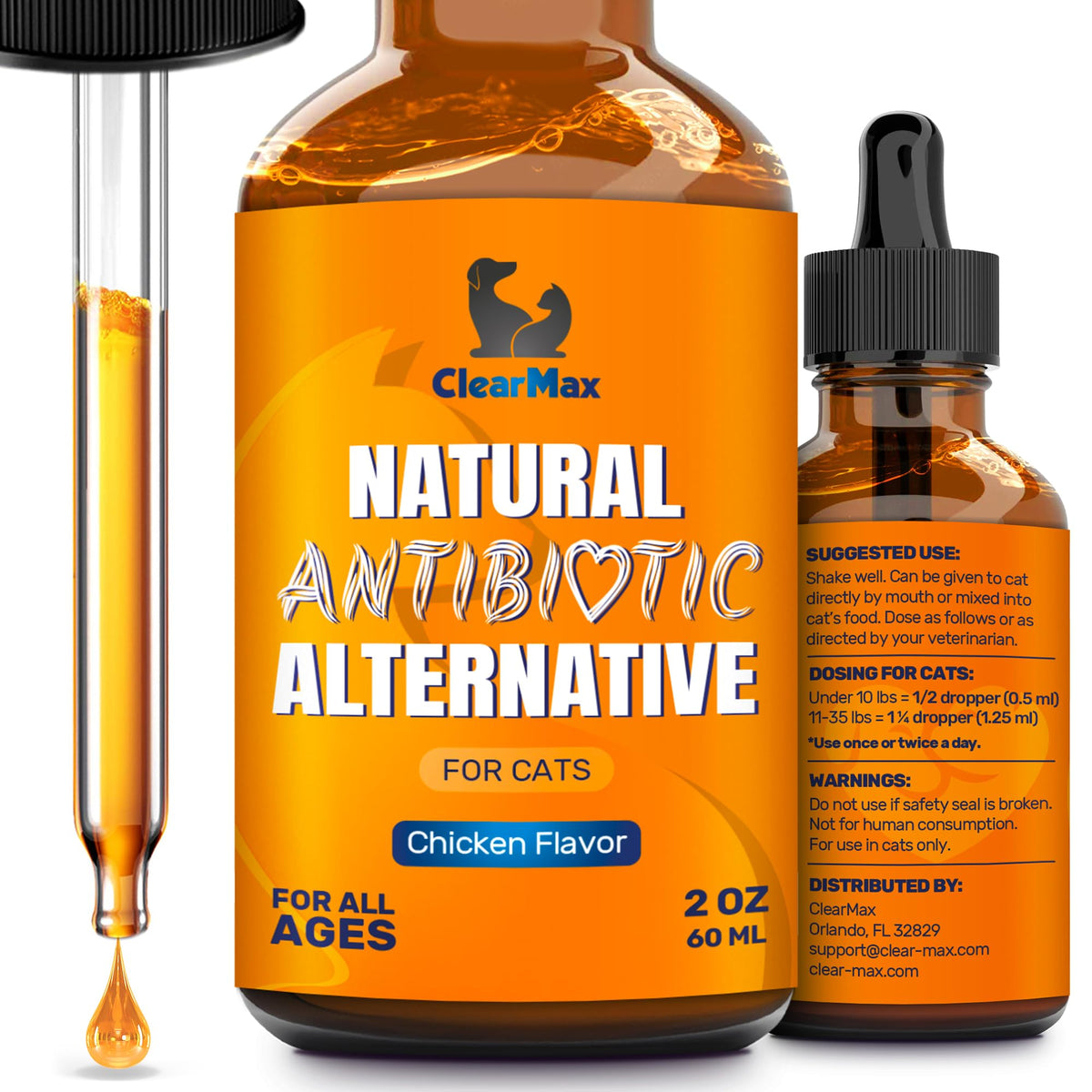 ClearMax, antibiótico natural para gatos con sabor a pollo, envase de 60 ml para facilitar la toma.