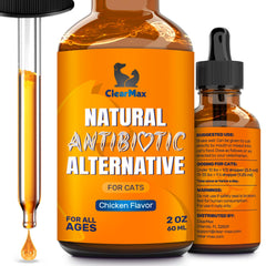 ClearMax, antibiótico natural para gatos con sabor a pollo, envase de 60 ml para facilitar la toma.