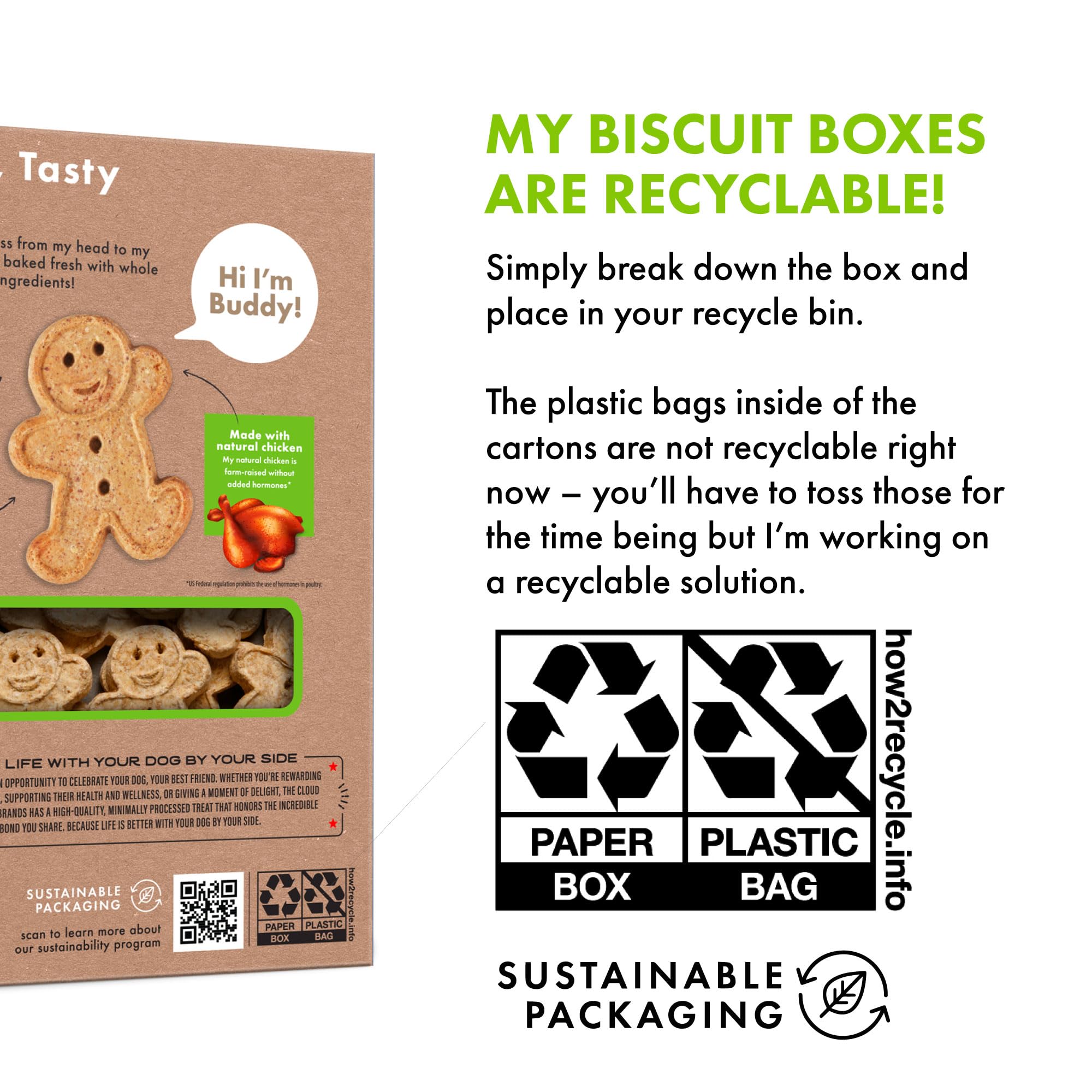 Envase reciclable de Buddy Biscuits, cuida el planeta después del snack.