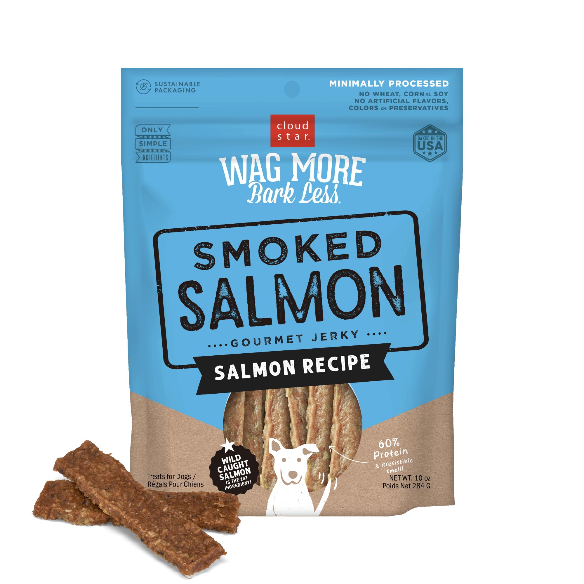 Cloud Star Wag More Bark Less Jerky de salmón ahumado, snack sabroso para perros