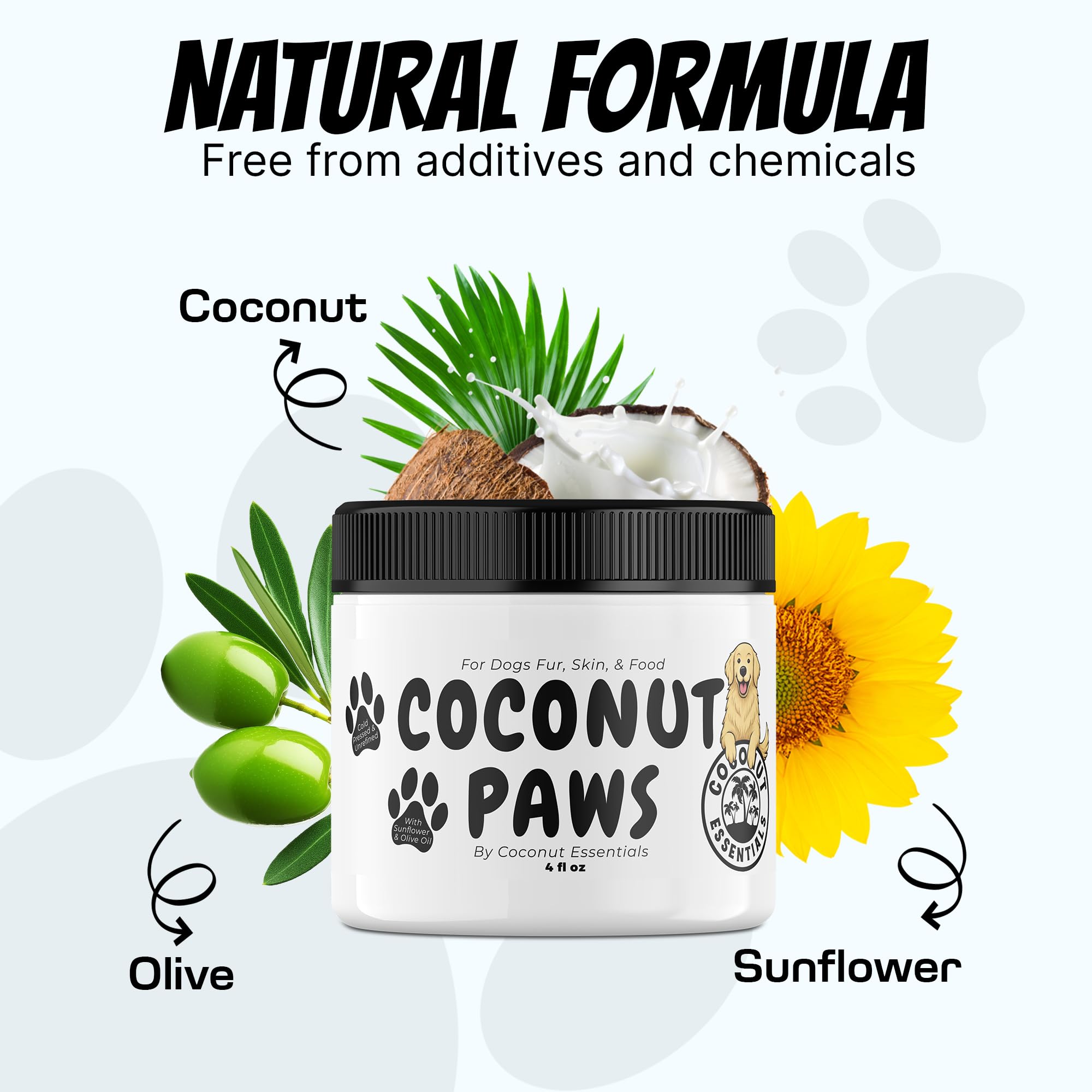 Coconut Essentials Coconut Paws uso diario para un pelaje más sano.