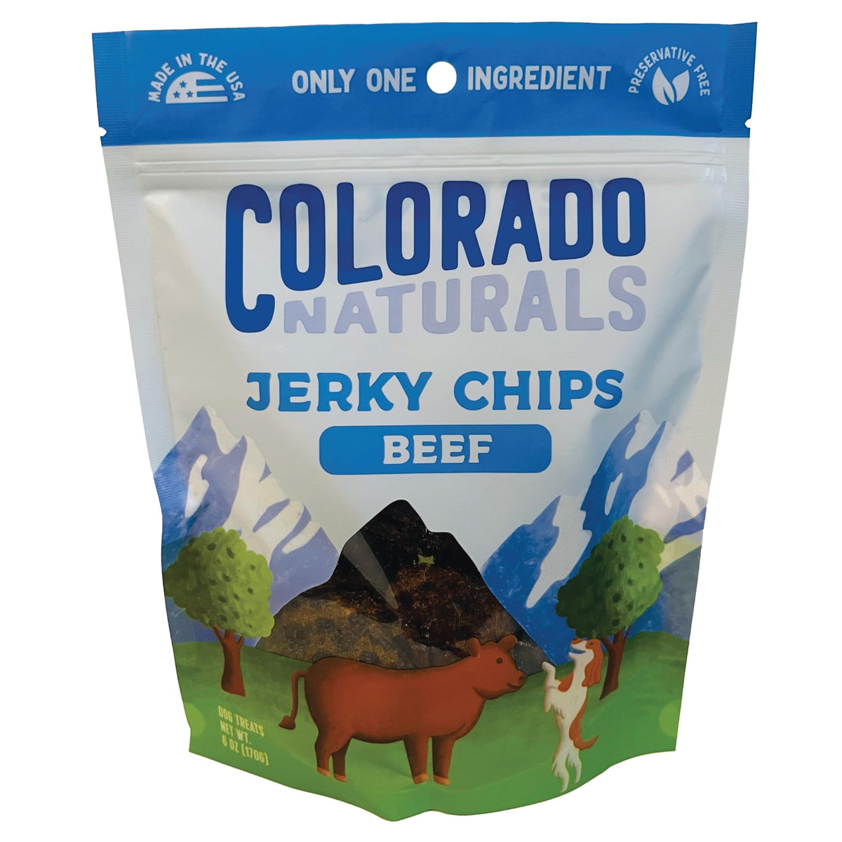Colorado Naturals Beef Jerky Chips, envase listo para entrenar, snack sabroso y práctico.