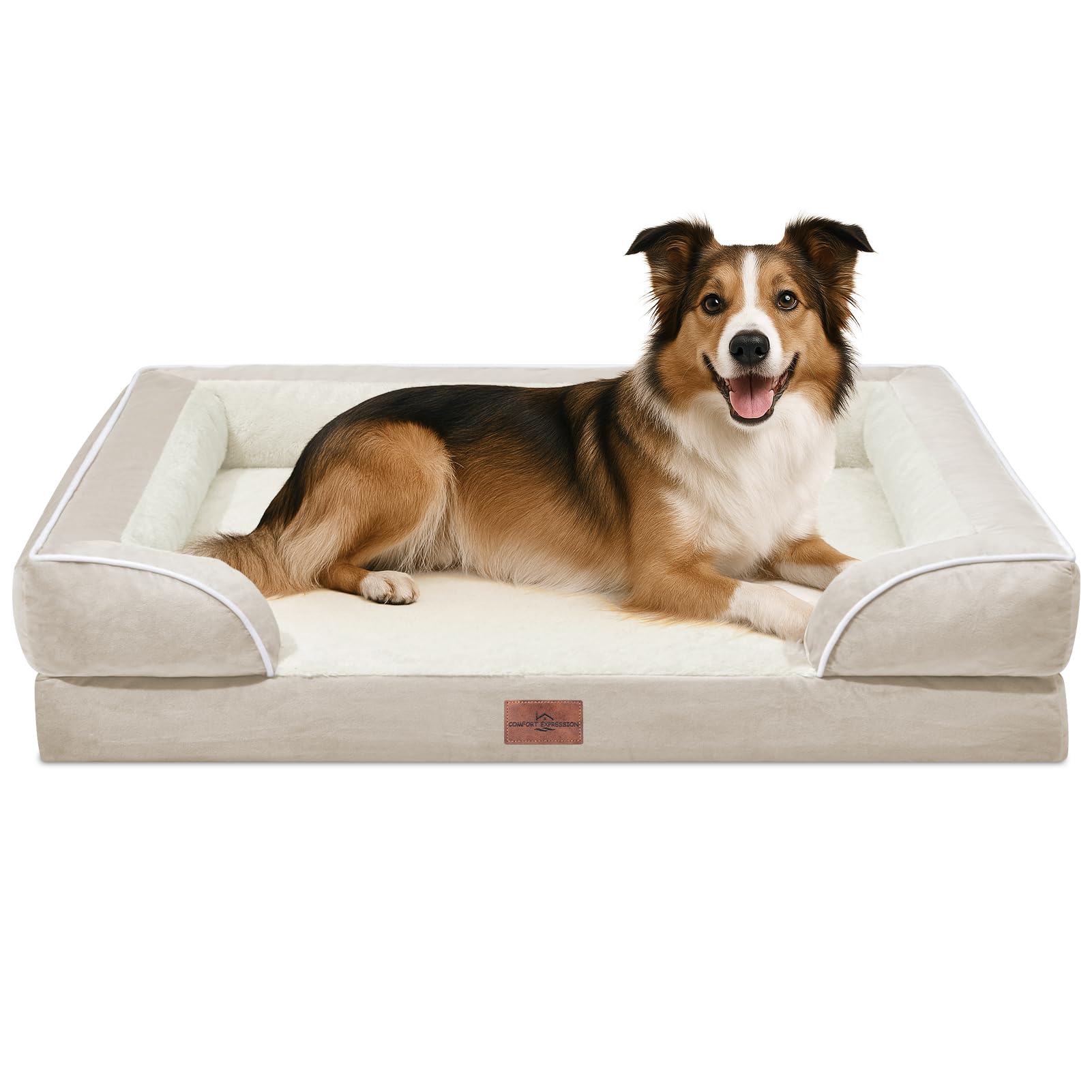 Comfort Expression cama ortopédica para perros grandes, exterior beige, soporte cómodo para descansar.