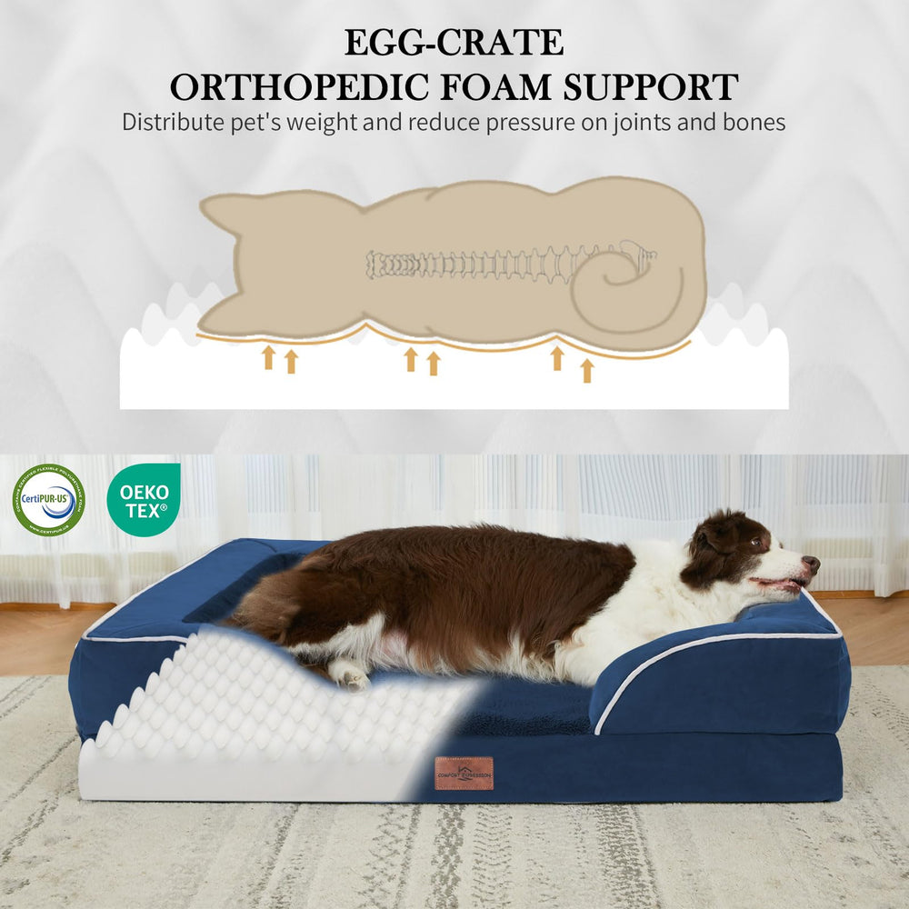Cama Comfort Expression XL azul marino, vista lateral, soporte estable para mascota.