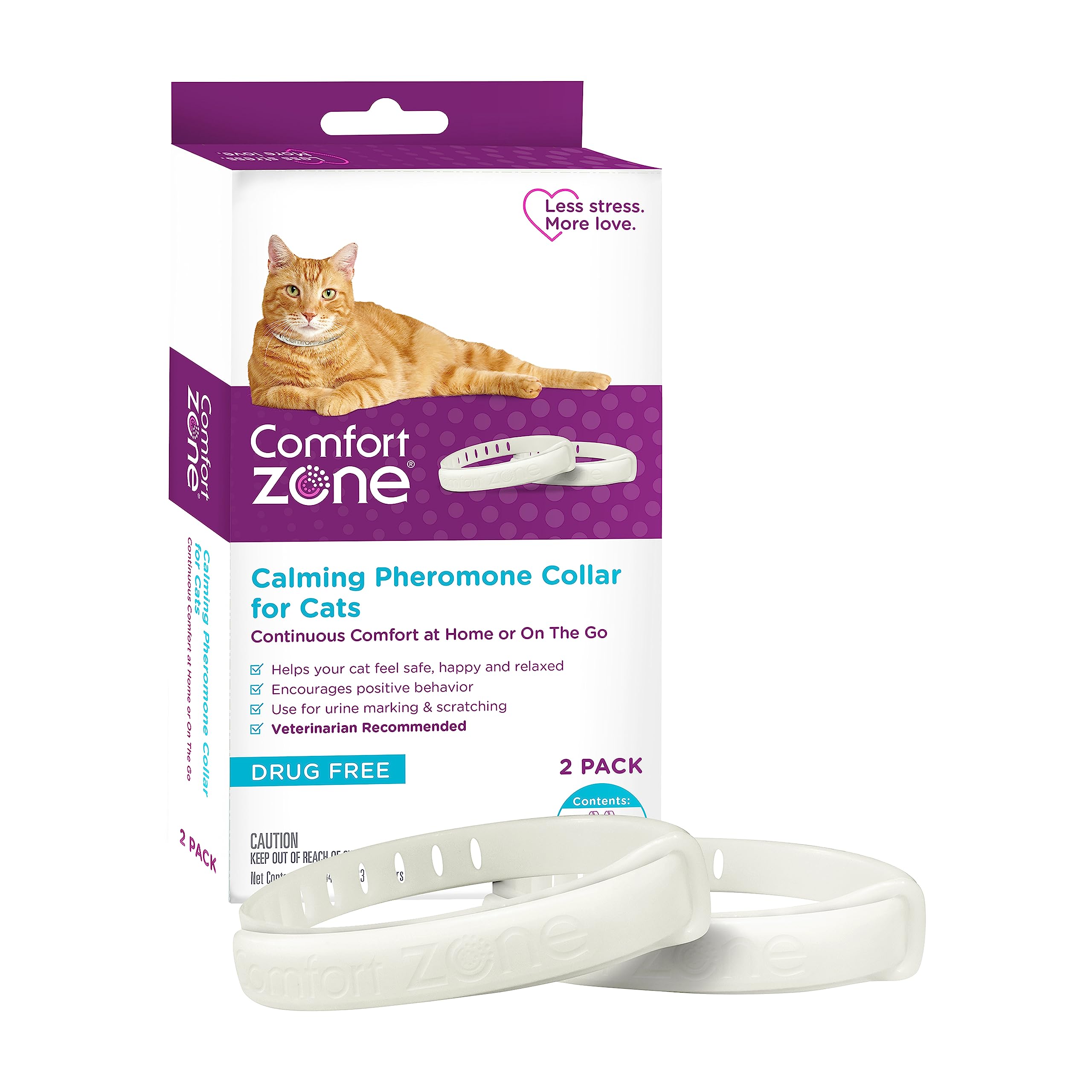 Collar calmante Comfort Zone, paquete de 2 collares, ideal para mantener gatos tranquilos.