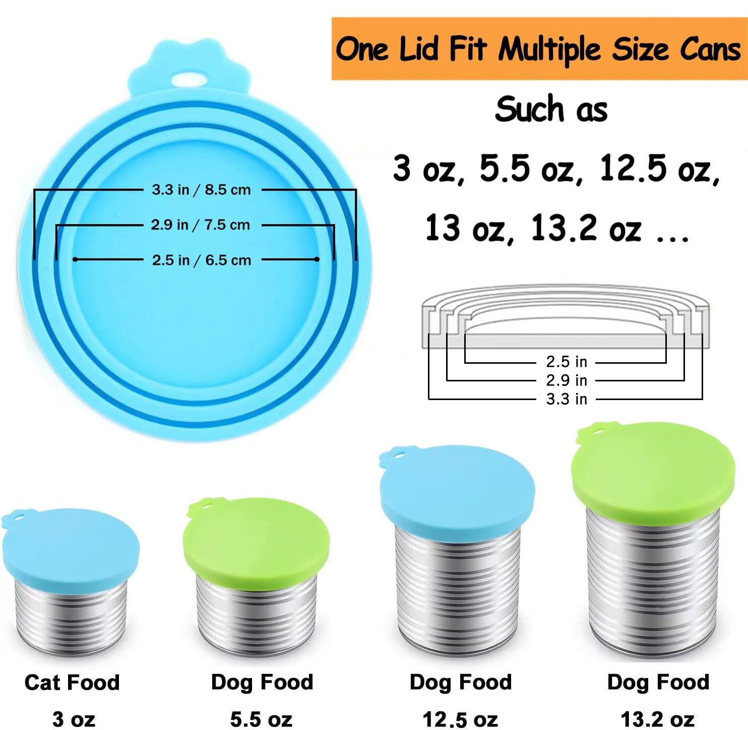 Comtim lid with three rings highlights compatibility for 3 oz, 5.5 oz, and 12 oz cans.