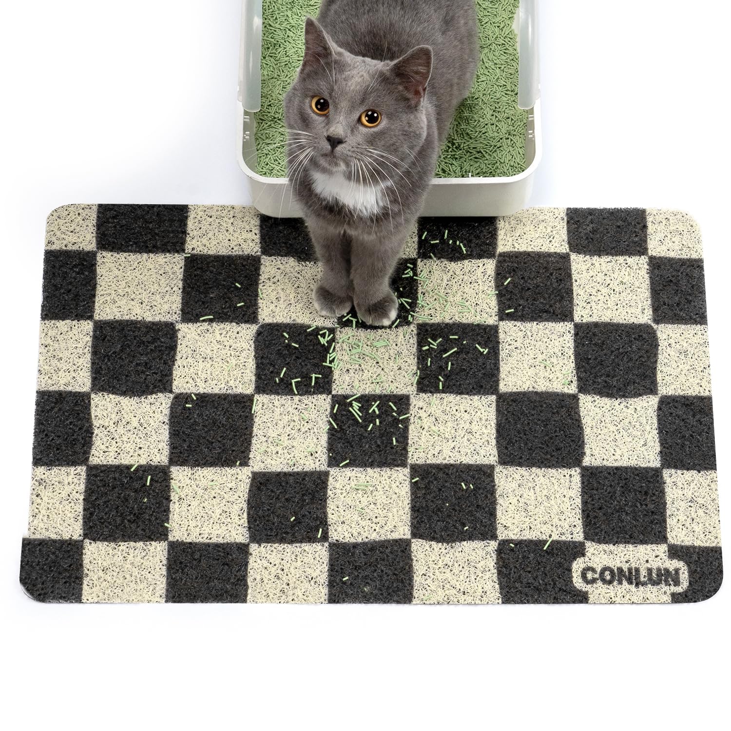 Conlun almohadilla para arena de gato con diseño ajedrez atrapa arena y evita desorden.