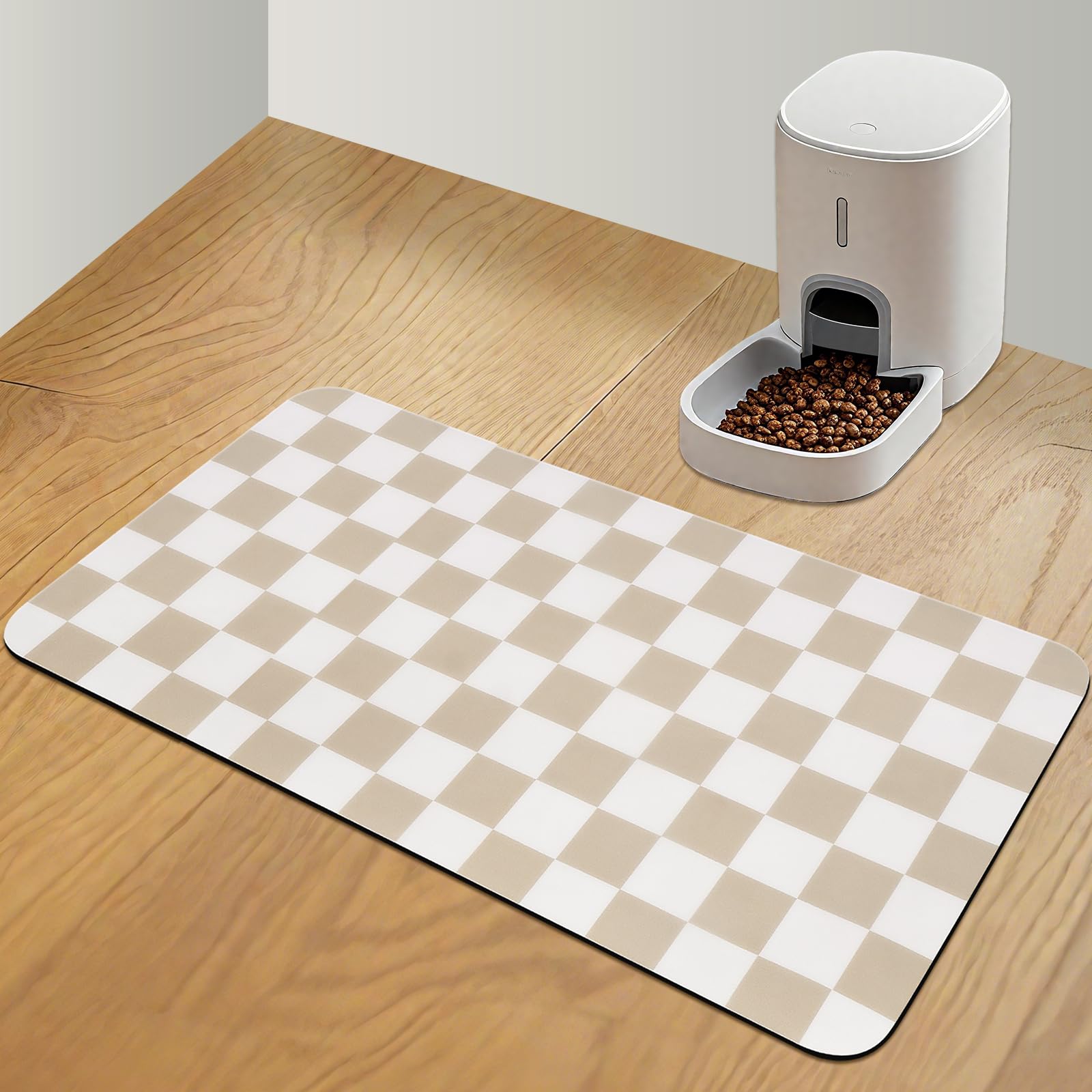 CooRug alfombrilla de comida para perros cuadriculada, absorbe derrames y protege el suelo.