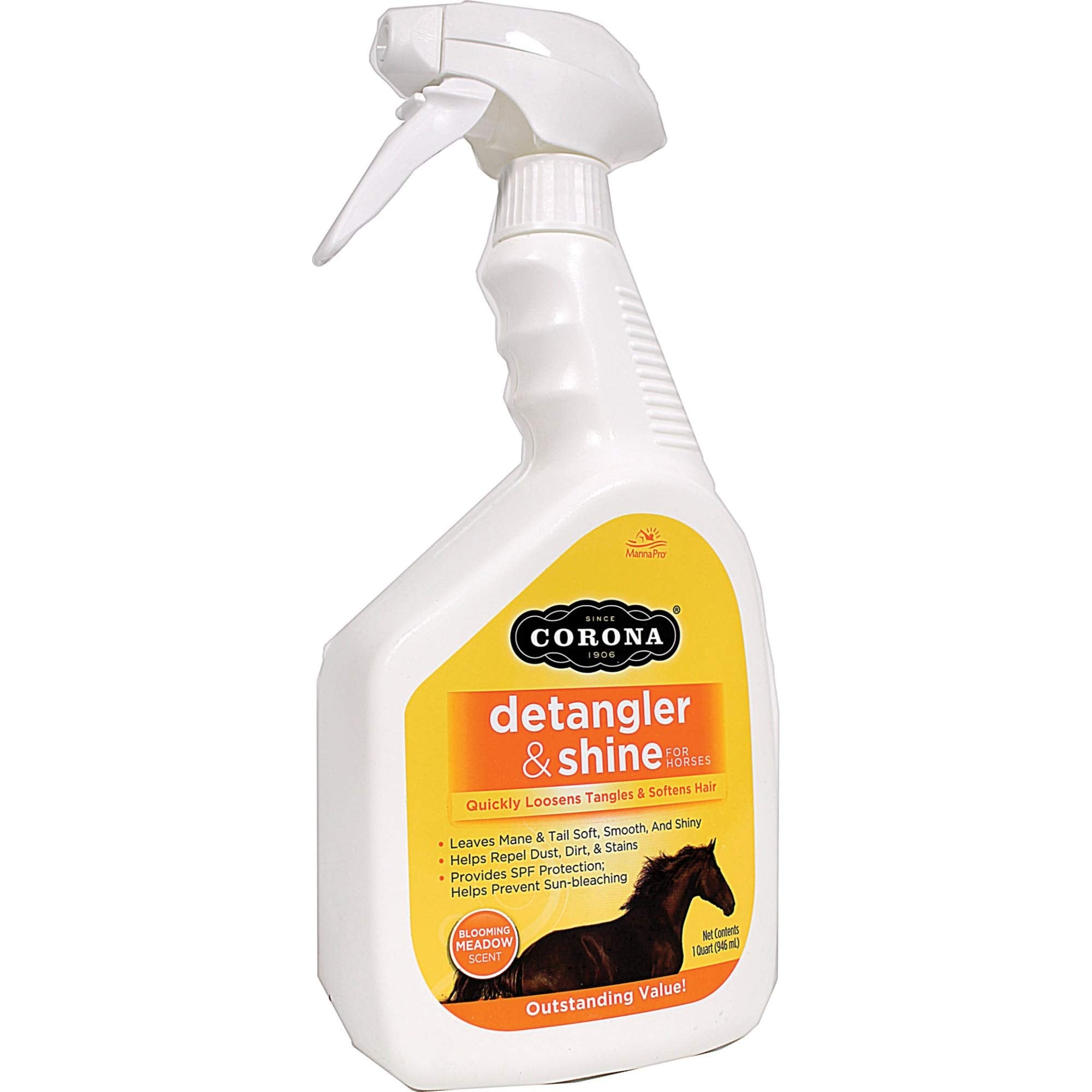 Corona desenredante y acondicionador brillo en botella para crines suaves y brillantes.