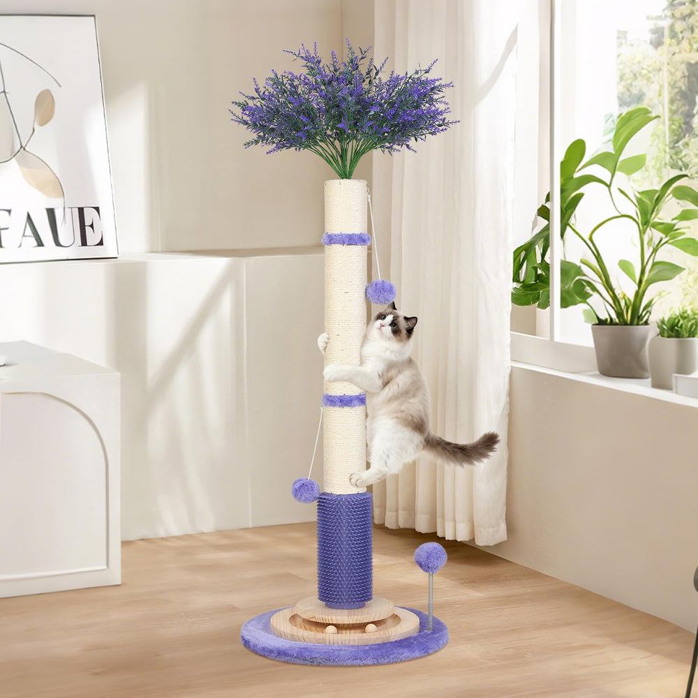 COUNER diseño morado con flor decorativa añade estilo al rincón del gato.