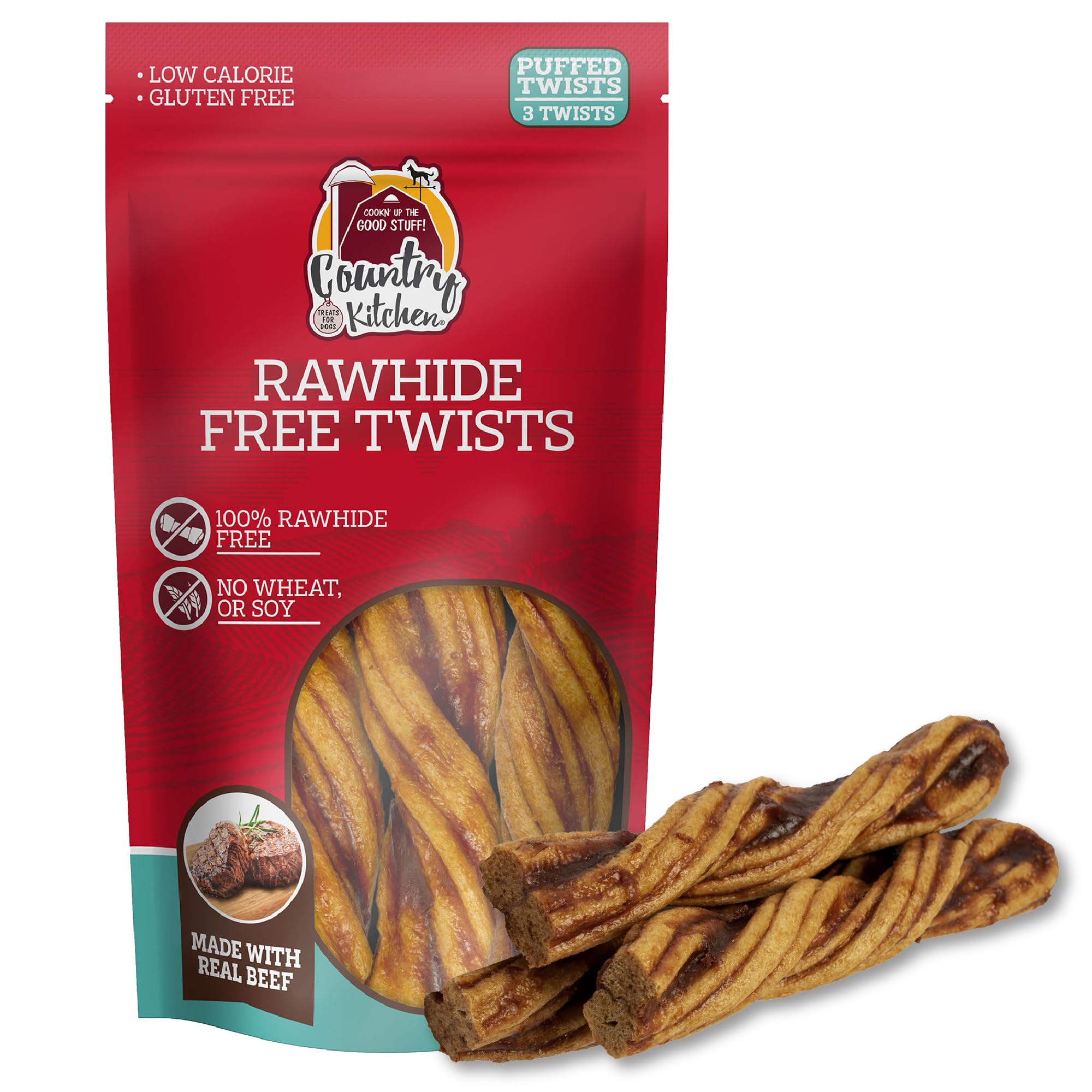 Country Kitchen Twists sin cuero crudo de carne de res: sabor y textura masticable para perros