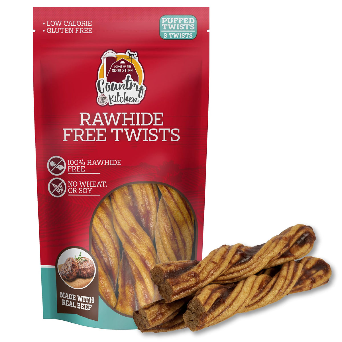 Country Kitchen Twists sin cuero crudo de carne de res: sabor y textura masticable para perros