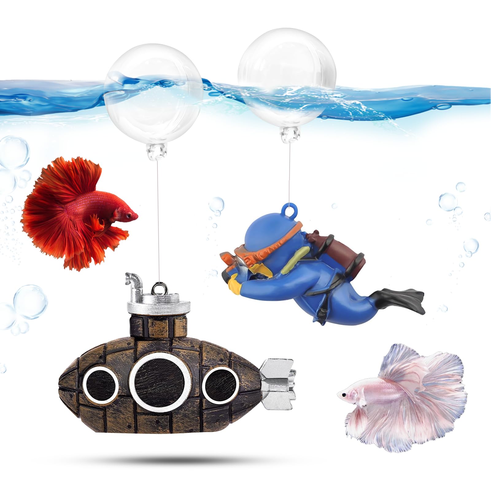 CousDUoBe Submarino flotante mini, centro visual atractivo para el acuario.
