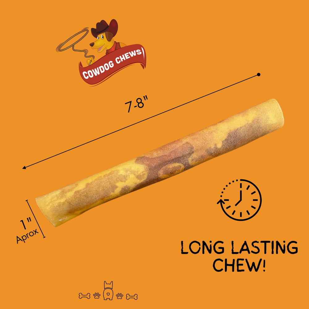 Cowdog Chews rollos de carne 7-8: porciones visibles para masticar.