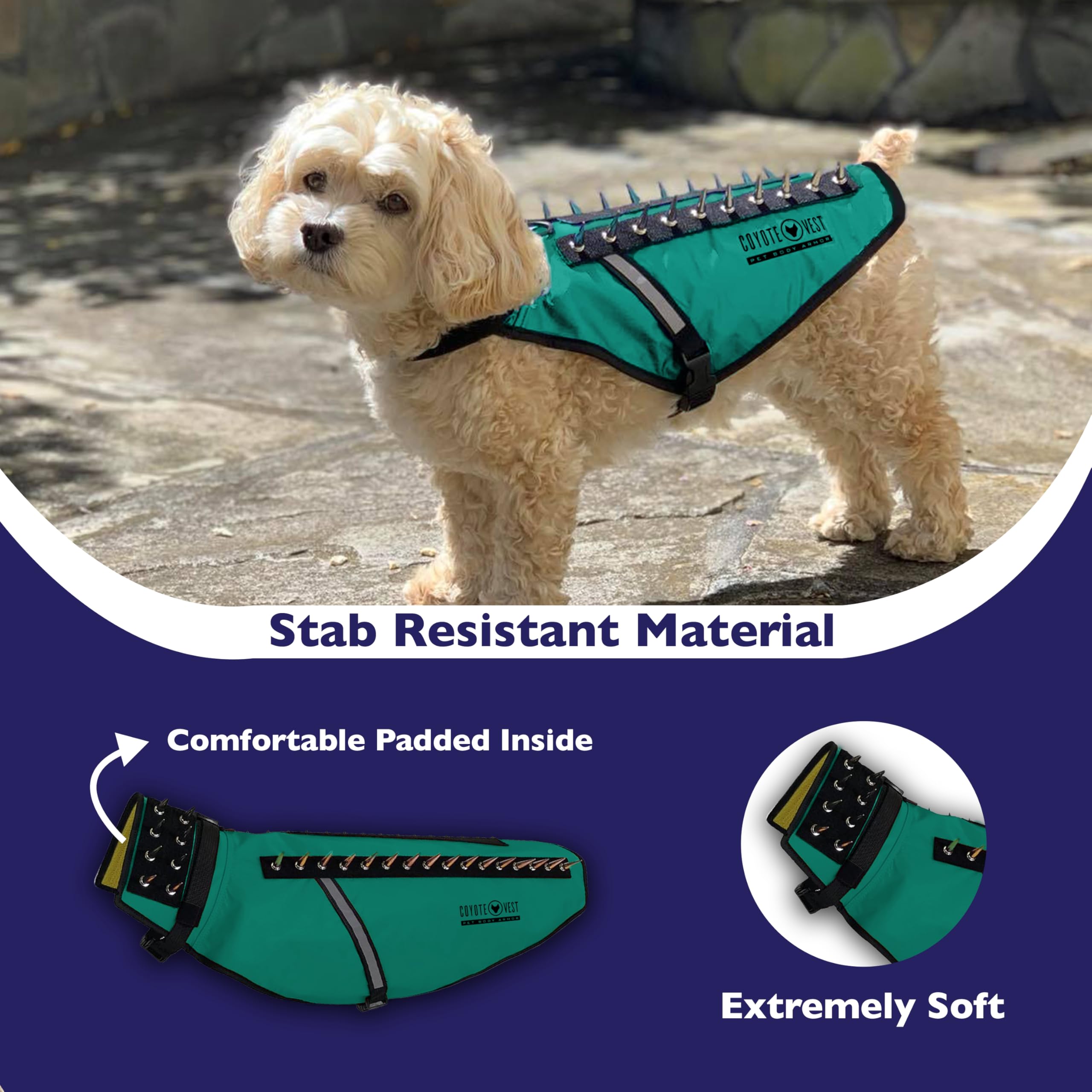 Arnés CoyoteVest, vista lateral con puntas removibles para protección.