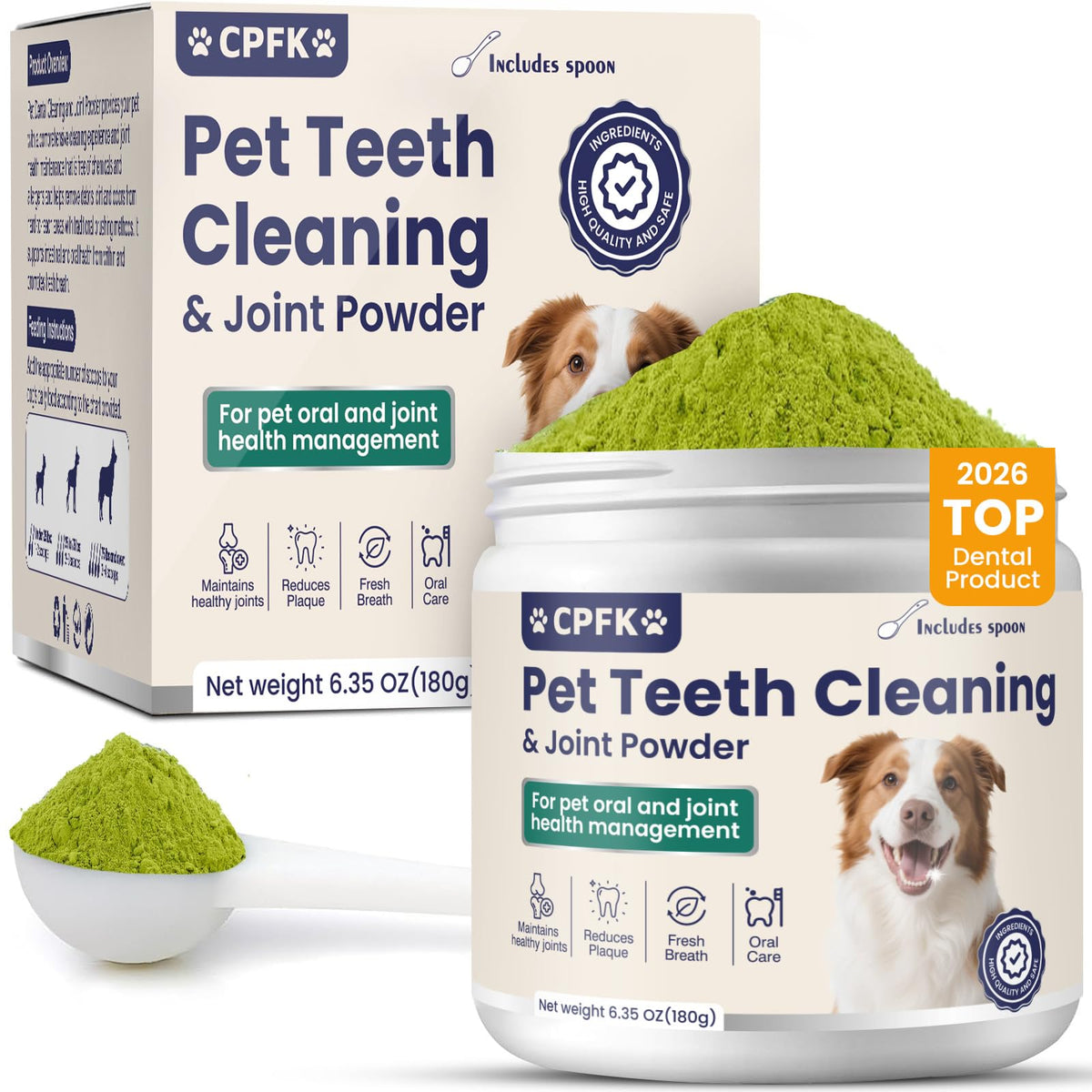 CPFK polvo dental para perros en empaque de 180 g, facilita el cuidado bucal diario.
