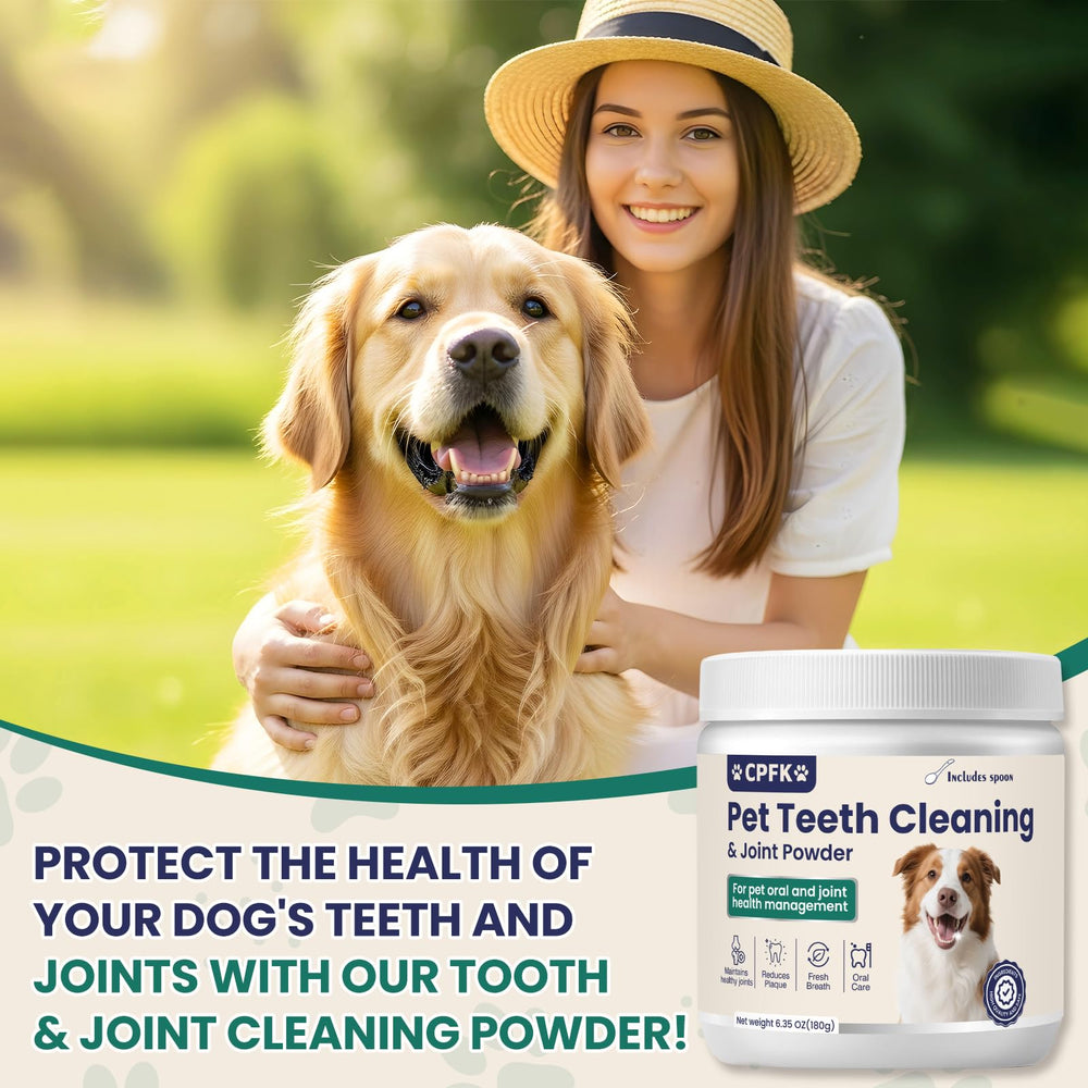 Uso diario del polvo dental CPFK para perros en casa.