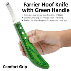 Crown Farrier Tools mango madera ergonómico verde ofrece agarre estable durante sesiones largas.