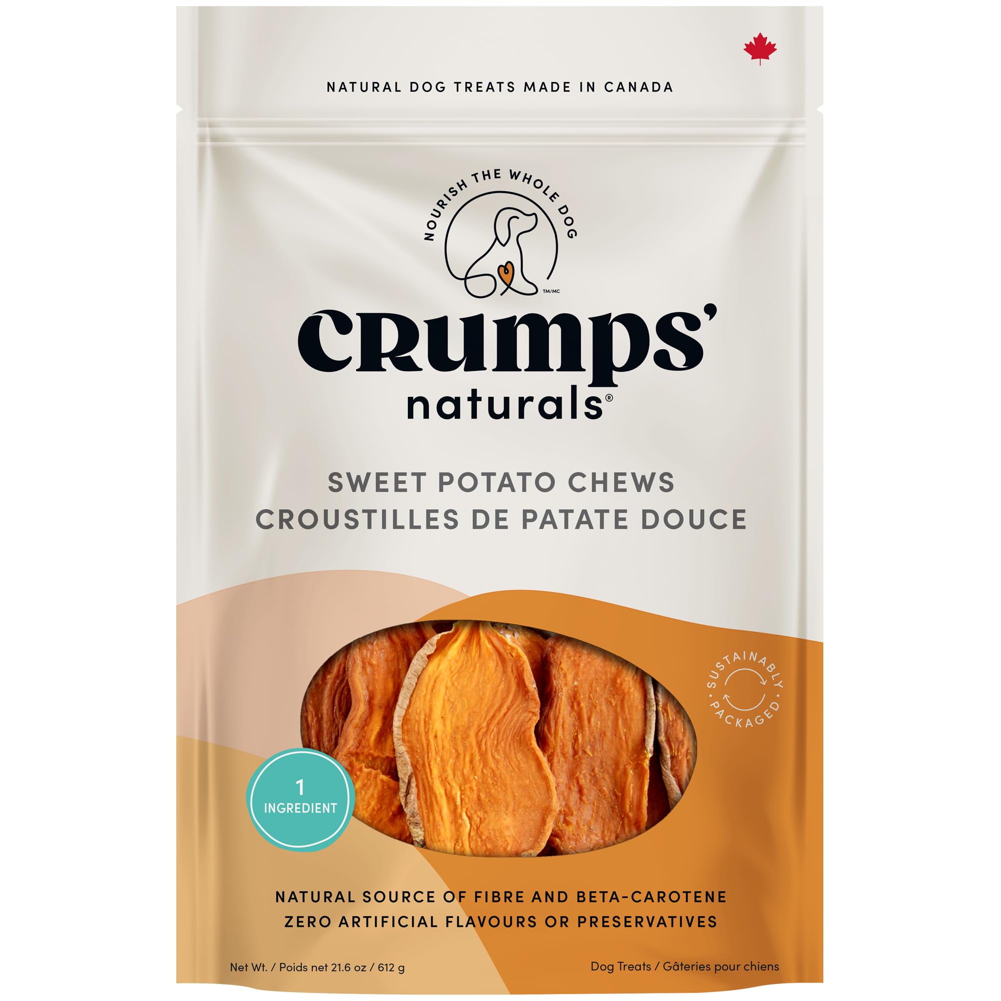 Crumps' Naturals, bolsa abierta con batatas dulces, premio natural para perros.
