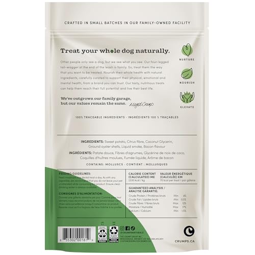 Crumps’ Naturals dental bacon para perro, textura crujiente que apoya la limpieza dental.