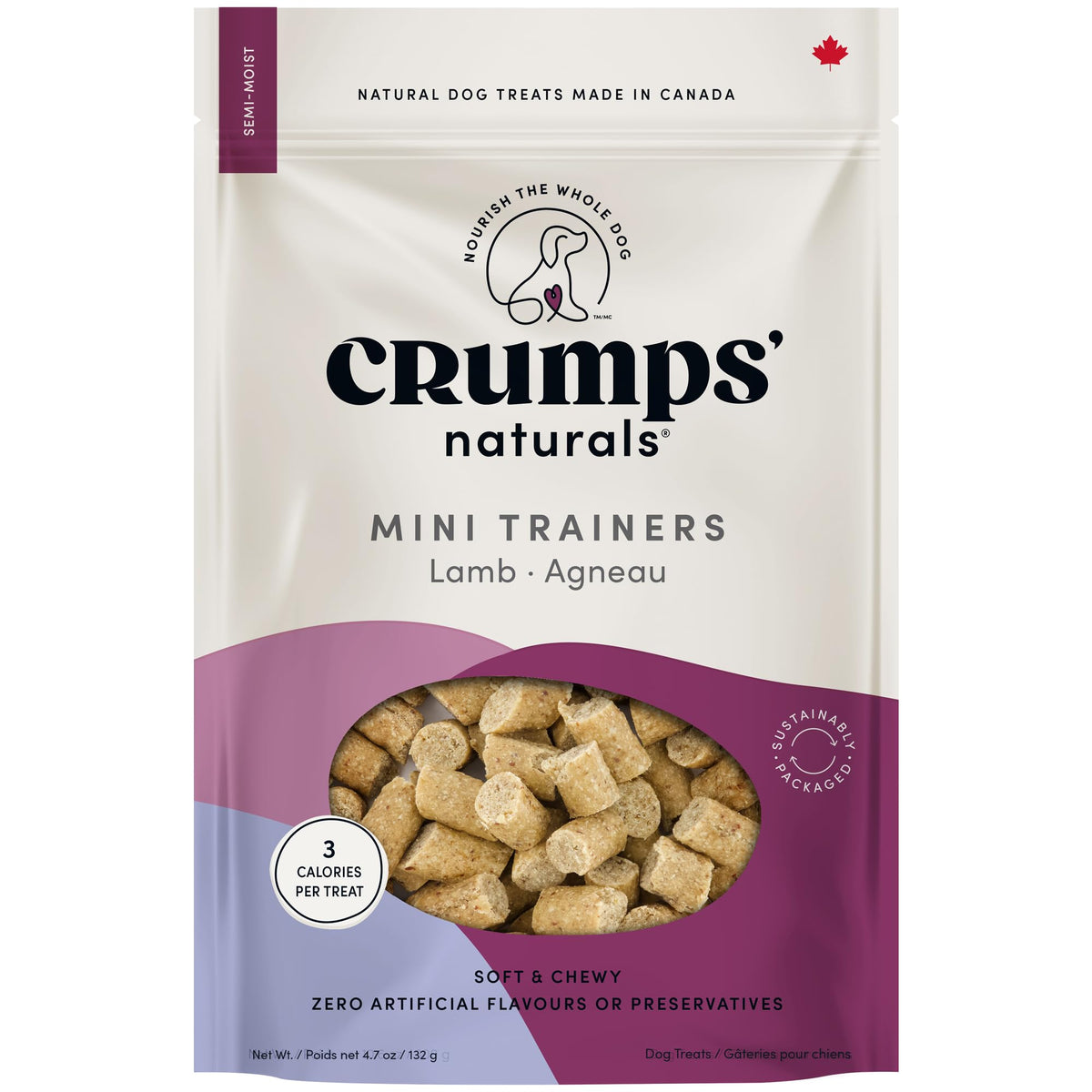 Crumps' Naturals Mini Entrenadores de cordero, semi-húmedos, empaque reciclable para entrenamiento.