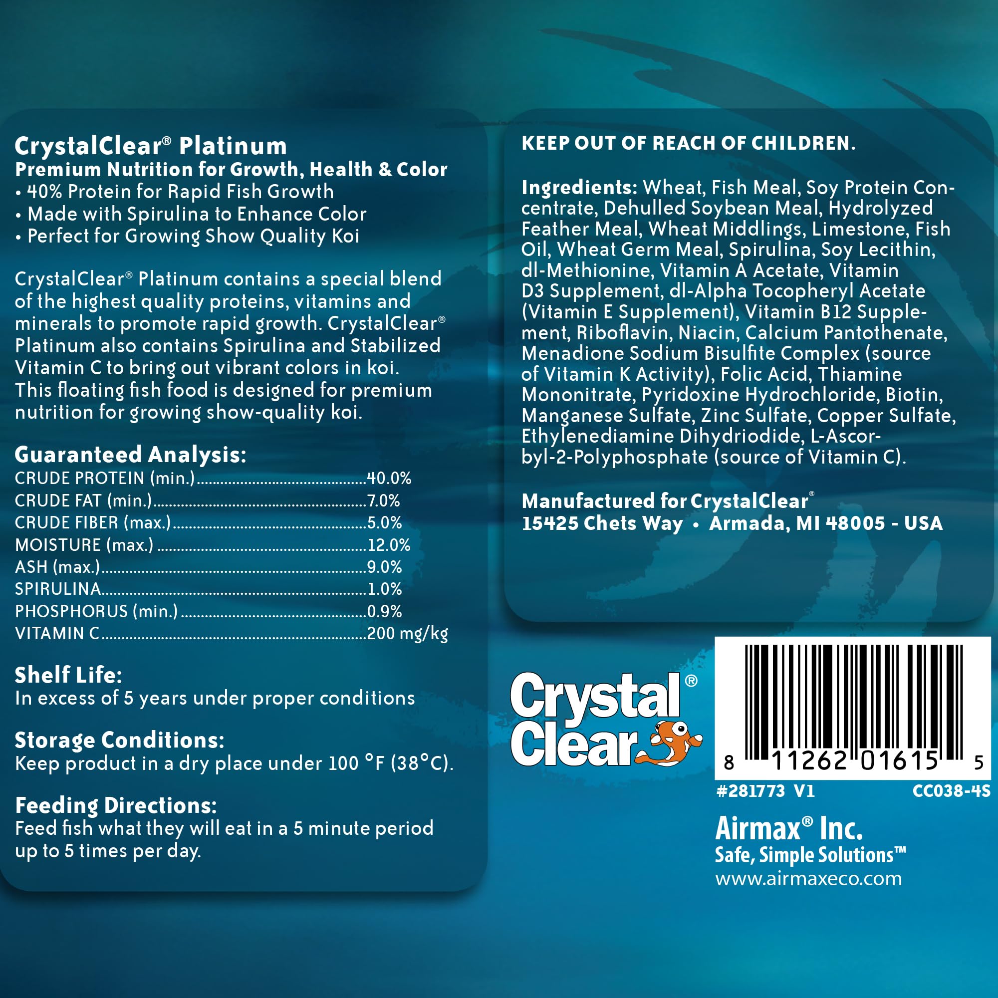 CrystalClear Platinum gránulos flotantes 5 mm para koi y pez dorado, colores mejorados.