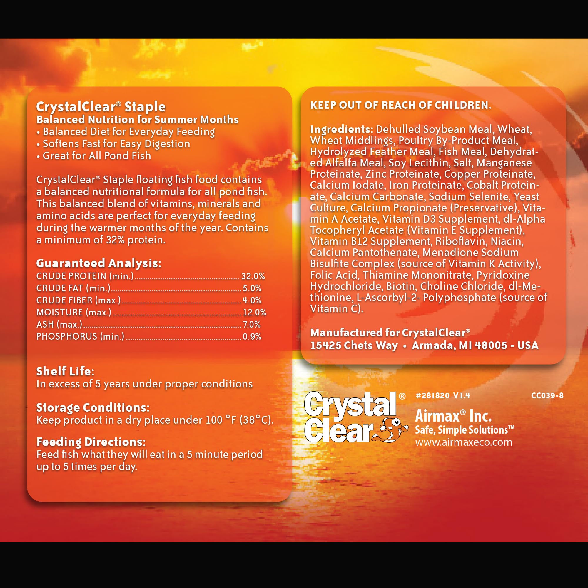 CrystalClear Staple: alimento básico para estanque con proteínas 32%, enfoque en crecimiento.