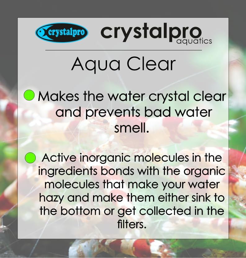 Crystalpro Aqua Clear, muestra dosis y uso sencillo en acuario.