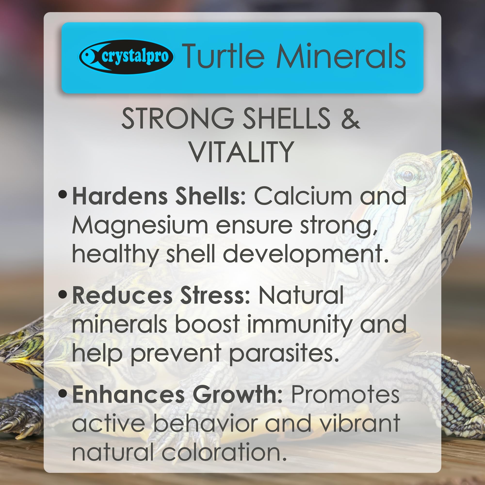 Crystalpro Turtle Minerals: tapa gotero muestra la dosificación precisa para acuarios.