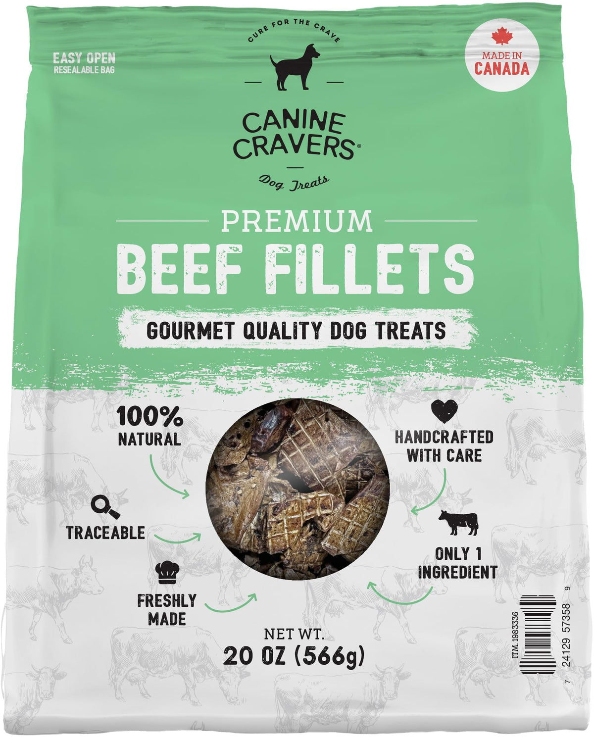 Cure for the Crave Canine Cravers filetes de res 20 onzas en empaque práctico.