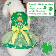 Cyeollo vestido para perro con estampado trébol y lazo brillante.