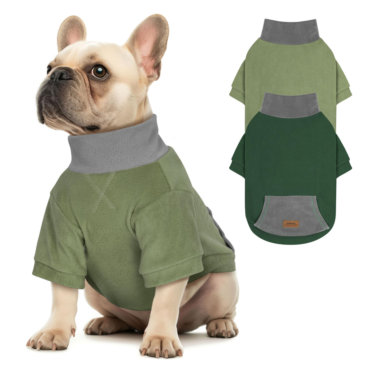 Suéter de perro Cyeollo verde con cuello alto, cómodo para uso diario.