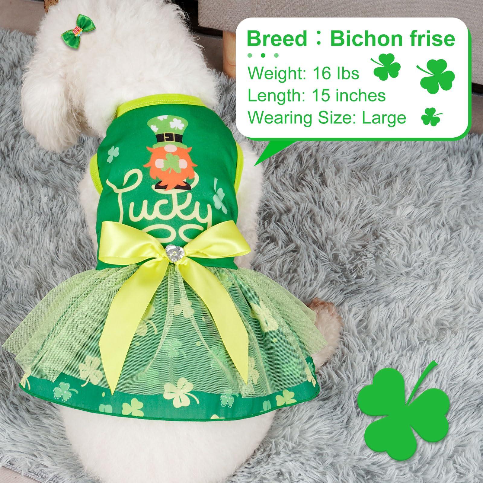 Vestido cyeollo para perro pequeño, tul y trébol, perfecto para ocasiones festivas.