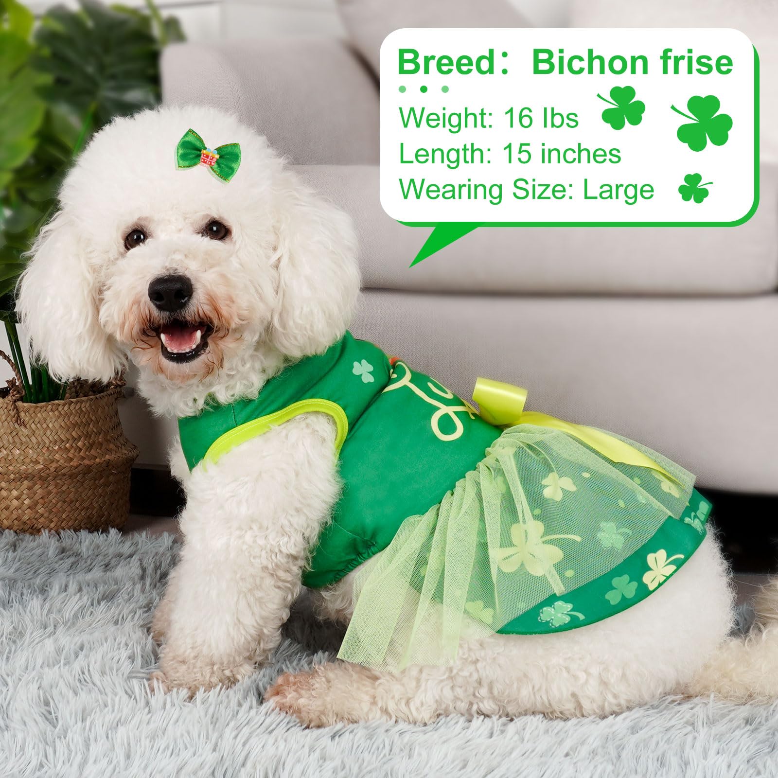 Vestido verde de cyeollo con estampado trébol para perros.