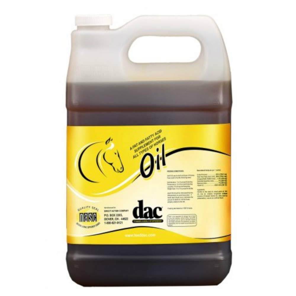 dac oil botella 1 galón para aportar calorías y cuidar la piel del caballo.
