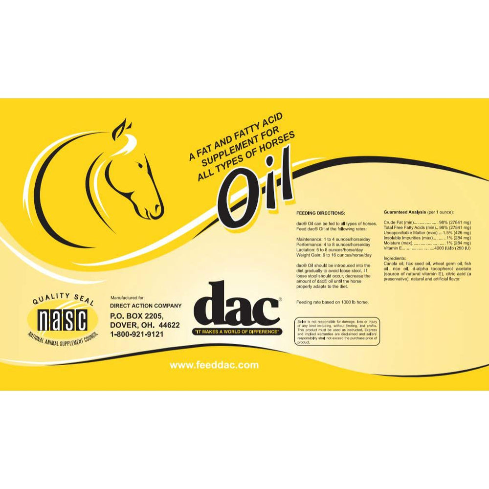 dac oil mezcla de aceites vegetales y pescado para apoyar la salud general del caballo.