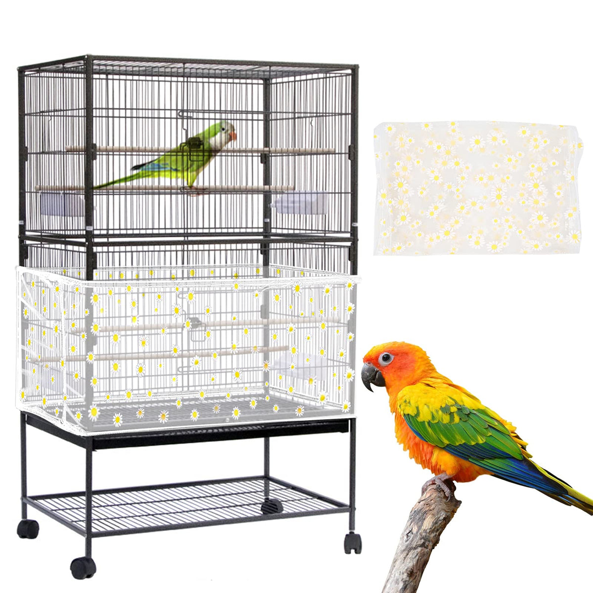 Daoeny couverture cage oiseaux motif marguerite blanc, esthétique et réduction des résidus de graines.