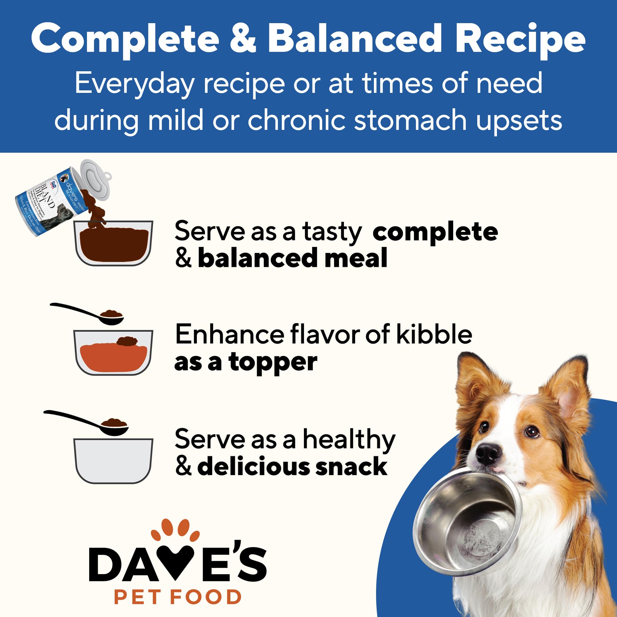 Dieta Blanda para mayores de Dave's Pet Food, apoyo digestivo ligero.