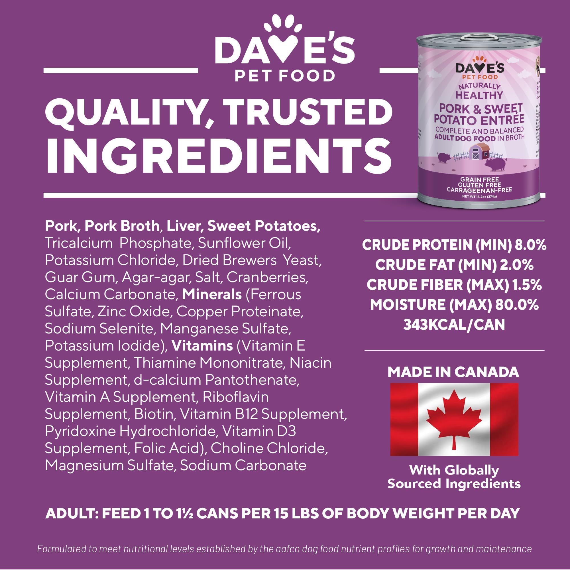 Dave's Pet Food envase en pack de 12 latas, conveniente y fácil de almacenar.