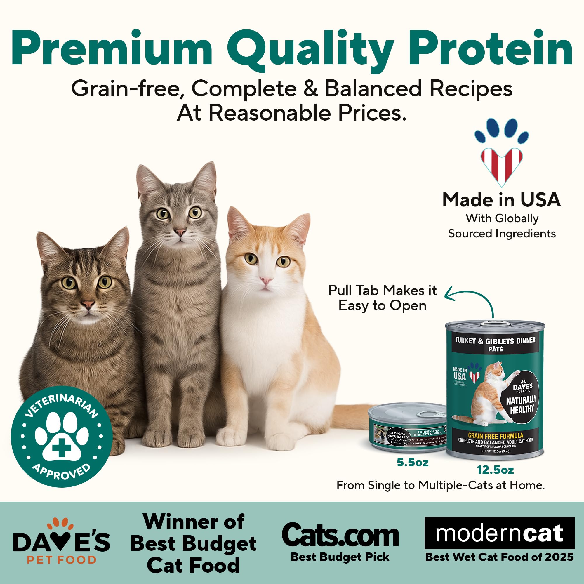 Etiqueta sin granos de Dave's Pet Food, ideal para gatos sensibles.
