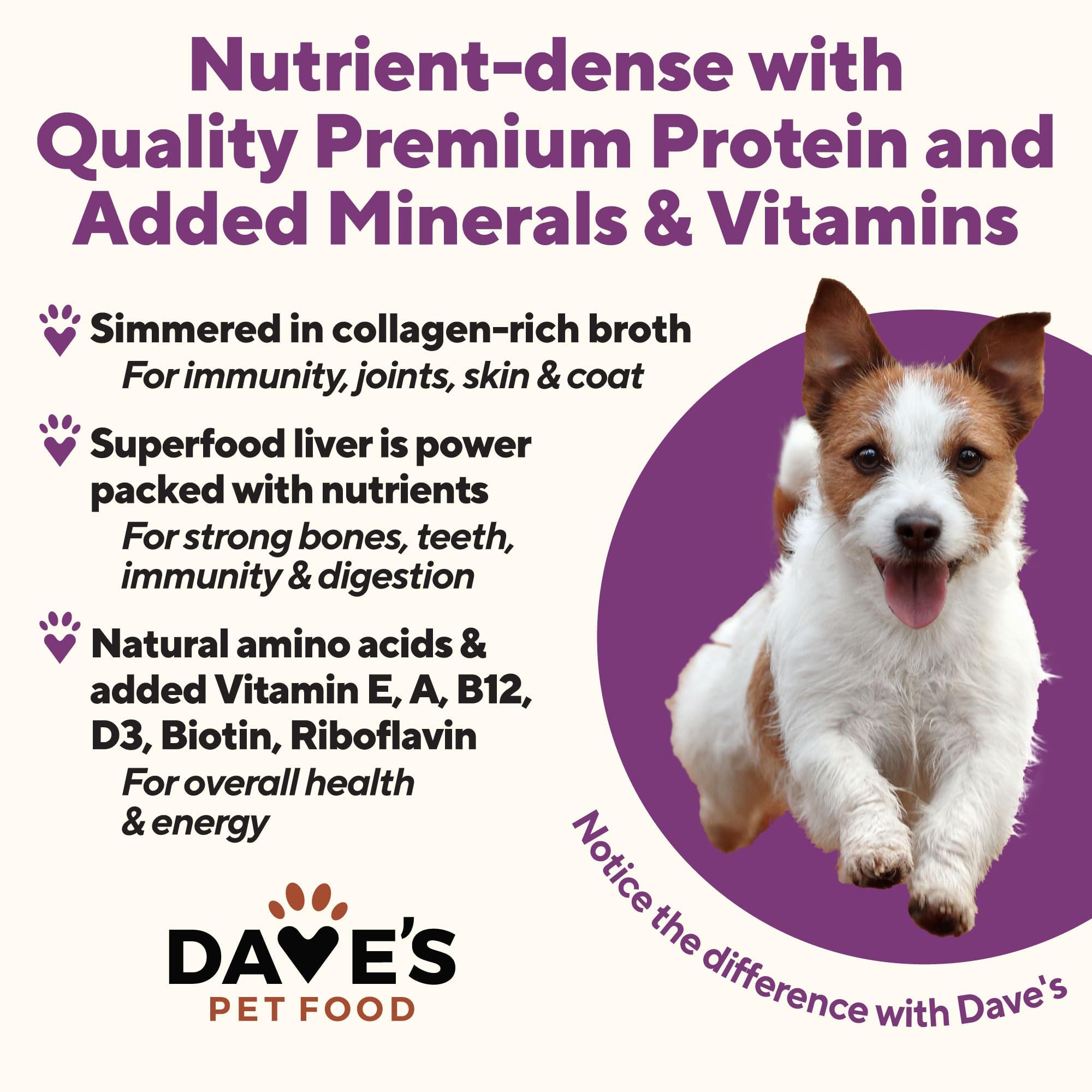 Dave's Pet Food ingredientes de alta calidad, sin granos, para una dieta equilibrada.