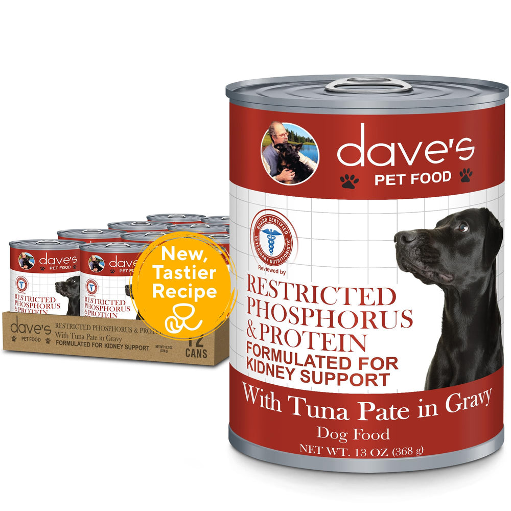 Dave's Pet Food Kidney Care paté de atún en lata, sabor irresistible para perros.