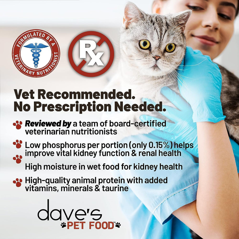 Dave's Pet Food Kidney Support: textura suave de paté, alta humedad para frescura diaria.